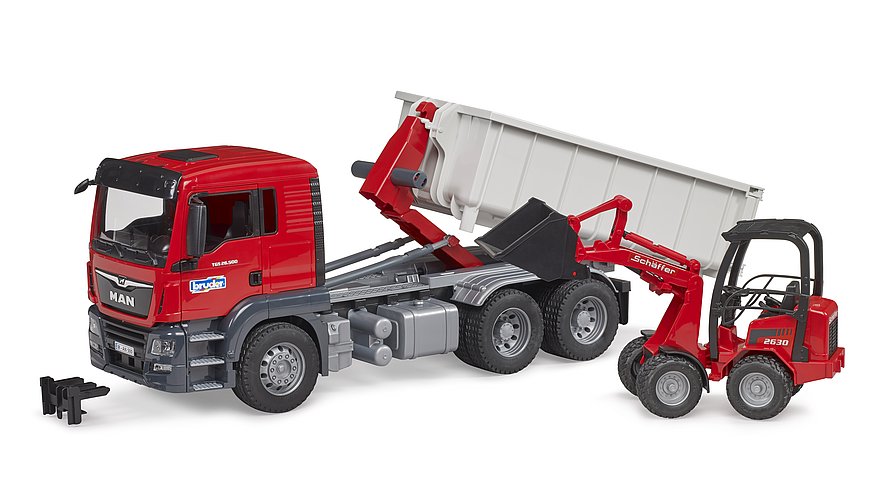 Bruder - MAN TGS TRUCK met afrolcontainer + Schäffer landbouwlader 2630