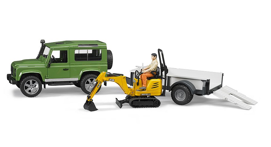 Bruder - Land Rover Defender stationwagen met enkelassige aanhangwagen, JCB micrograafmachine 8010 CTS en bouwvakker