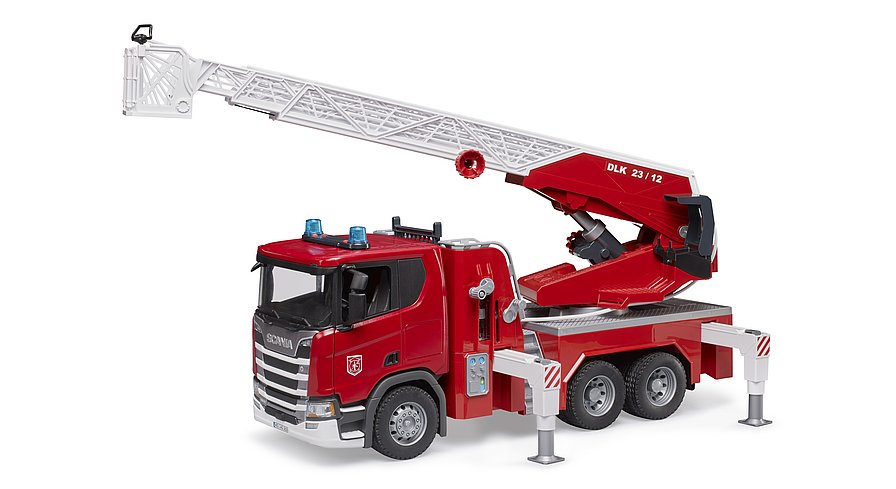 Bruder = Scania Super 560R Brandweer met Draaiplateauladder, Waterpomp en Licht- en Geluidsmodule